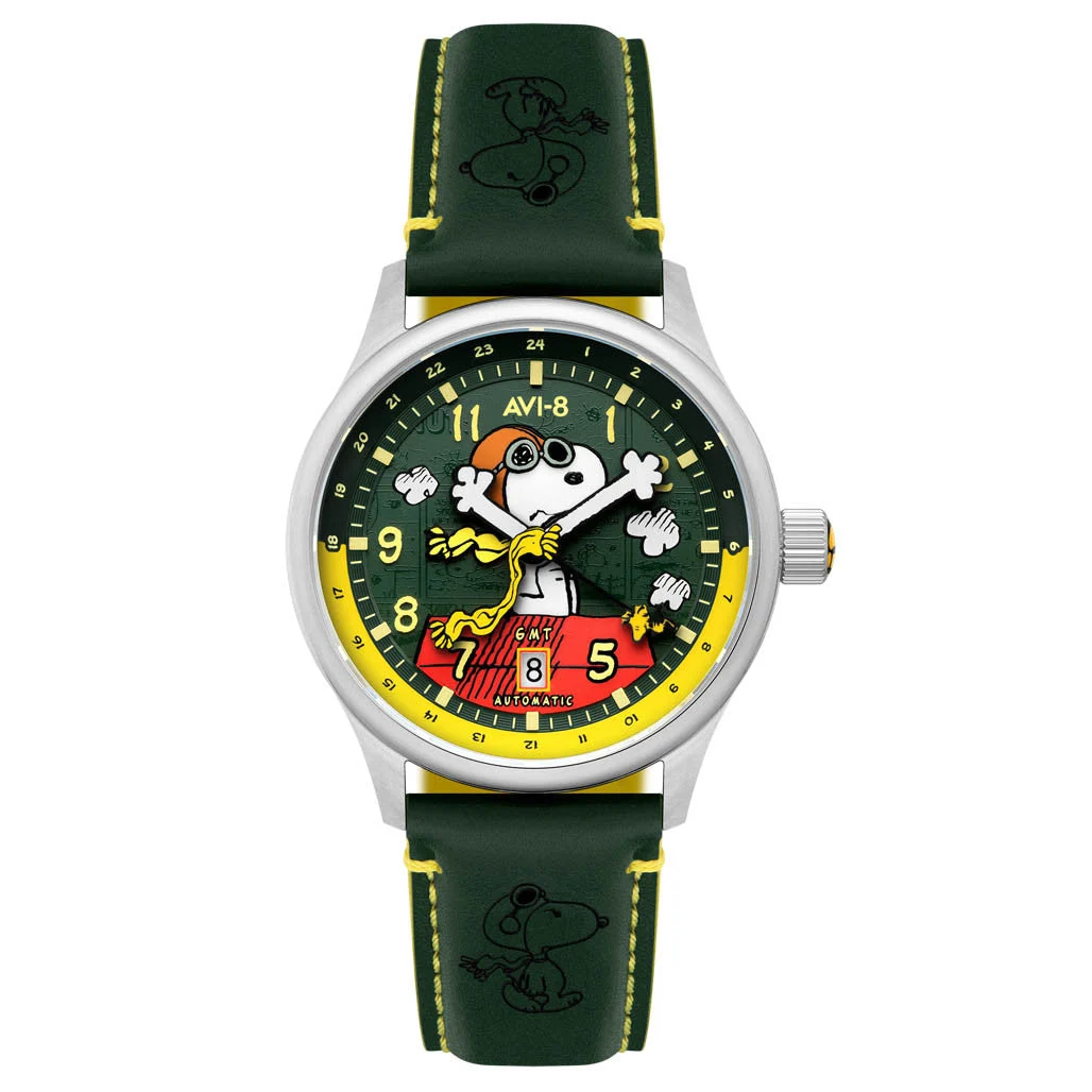 AVI-8 Peanuts Snoopy Flying Ace GMT Automatic in Winter Green #AV-4136-04 kol saati