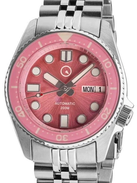 Islander Automatic Pink Dive Watch with Solid-Link Bracelet, AR Double Dome Sapphire Cryst
