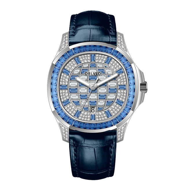 OBLVLO Leather Strap ,Blue and White gradient D FM Series,40mm,Blue Leather Strap ,Blue an