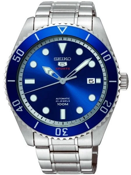 Seiko Sports Automatic 23-Jewel Watch with Blue Dial and SS Bracelet #SRPB89K1 kol saati