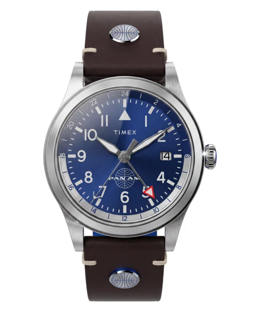 Timex Pan Am® x Waterbury GMT 39mm Leather Strap Watch TW2W97300 kol saati