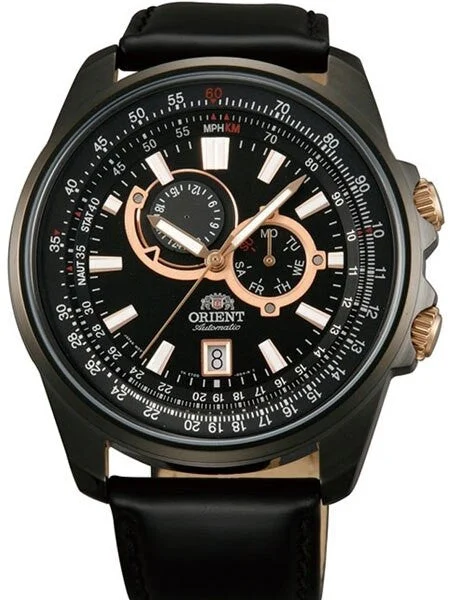 Orient Apex 21-Jewel Automatic Sport Watch with 24-Hour Sub-Dial, Black PVD Case #ET0Q002B 45 mm kol saati