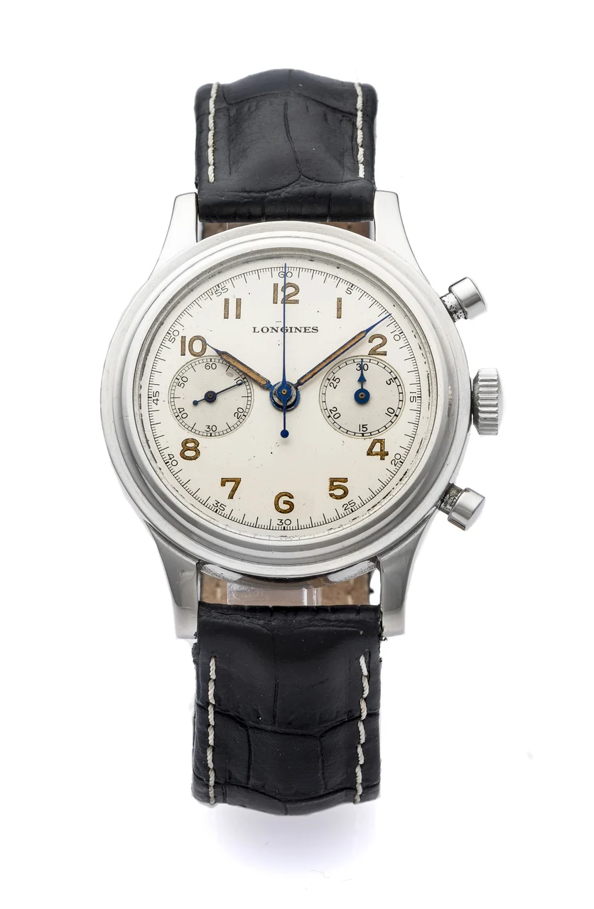 Longines LONGINES REF. 6474 FLYBACK CHRONOGRAPH STEEL A fine manual-winding stainless steel wristwatch with flyback chronograph. kol saati