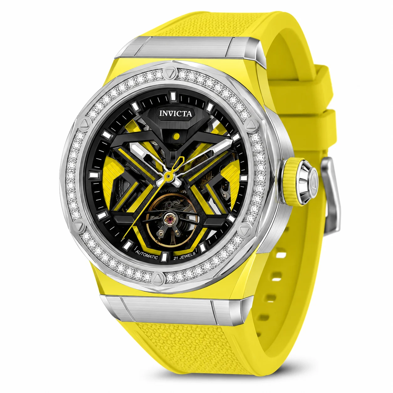 Invicta Objet D Art Diamond Automatic Watch - 45mm, Yellow with Interchangeable Strap (70125) 45 mm kol saati