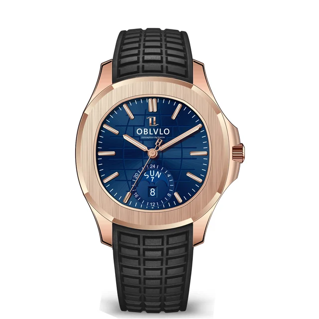 OBLVLO Rubber Strap,Rose Gold Bezel,Blue Dial FM Series,39mm,Black Rubber Strap,Rose Gold