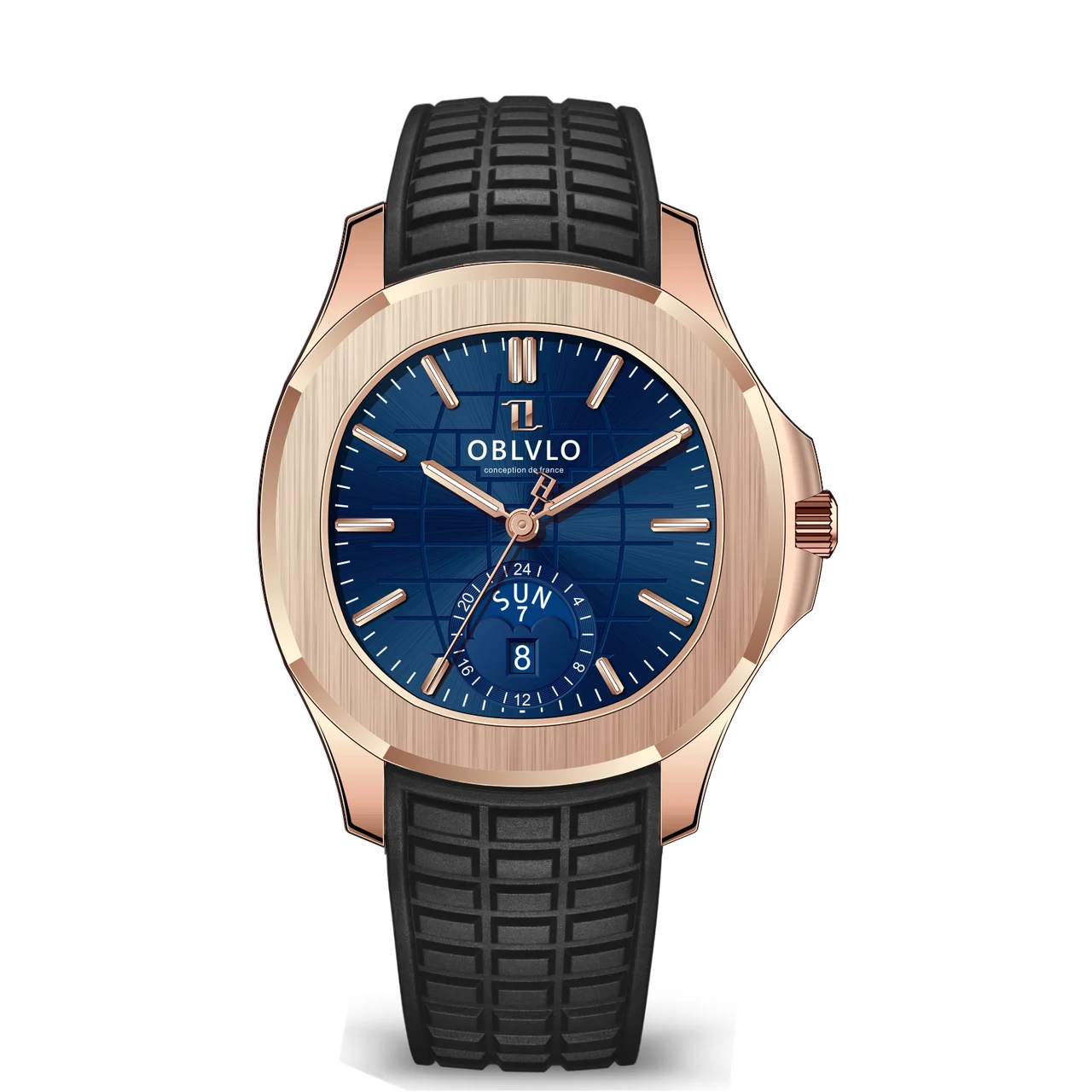 OBLVLO Rubber Strap,Rose Gold Bezel,Blue Dial FM Series,39mm,Black Rubber Strap,Rose Gold Bezel,Blue Dial 39 mm kol saati