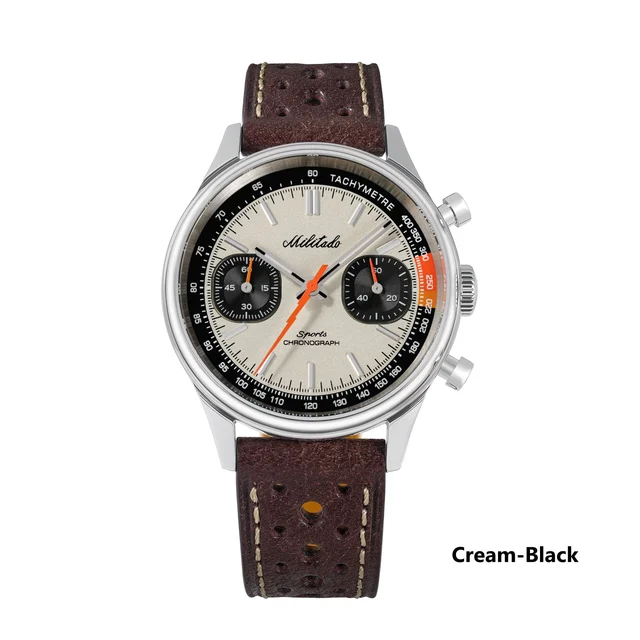 MILITADO Miyota 6S21 Quartz Chronograph ML23-米白面-浅蓝色小眼-6S21-棕色皮带 kol saati