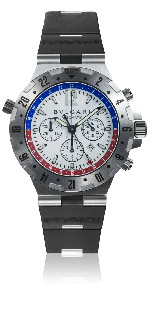 Bulgari Ref. GMT 40 S FB, self-winding, fly-back chronograph, minute and hours recorders, date, AM-PM indication, two-time zone; “Diagono Professional” “Fly-Back”; stainless steel kol saati
