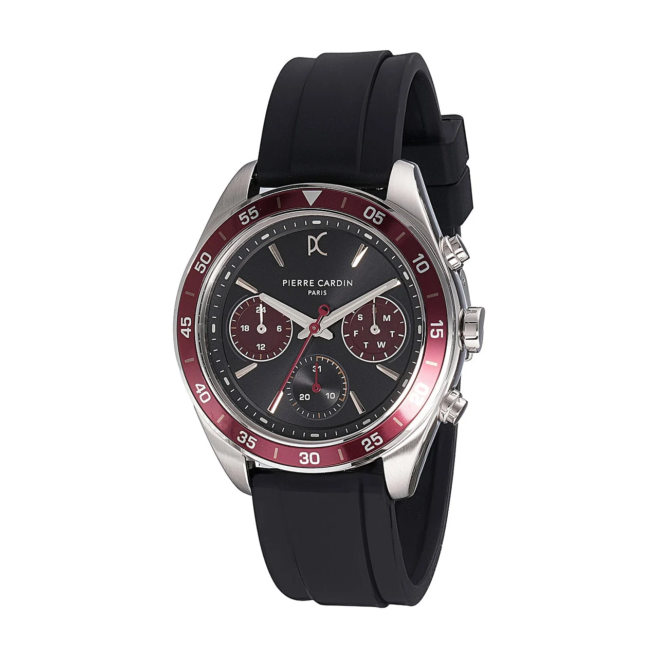 NATION Cristal Men’s 42mm Multifunction Watch - Silver Case, Black Dial with Wine Panda Eyes, Wine Bezel, and Black Silicone Strap CF.1004.PB.1 42 mm kol saati