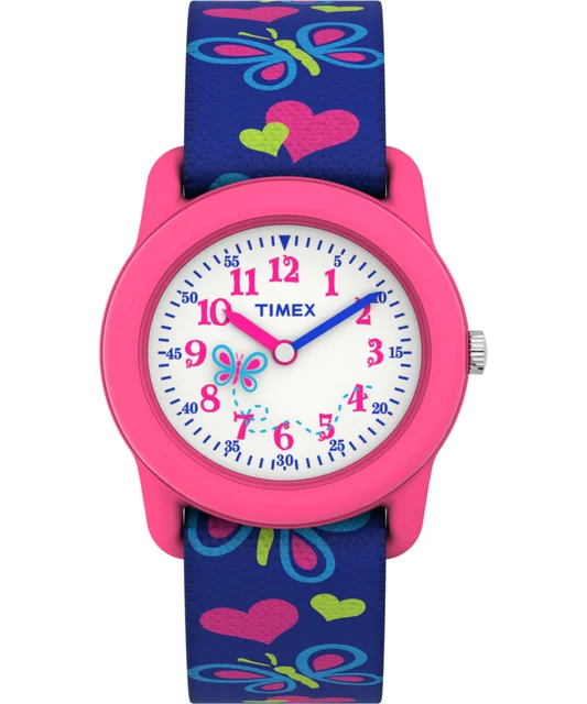 Timex TIME MACHINES® 29mm Butterflies and Hearts Blue Elastic Fabric Kids Watch T89001 kol
