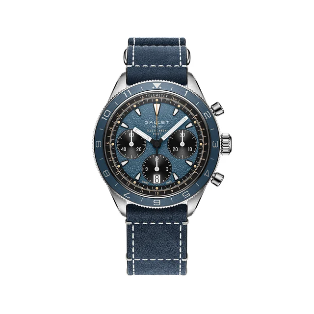 Gallet Multichron Pilot Chronograph 42mm - Blue on Leather Strap AG2303171C1W1 kol saati