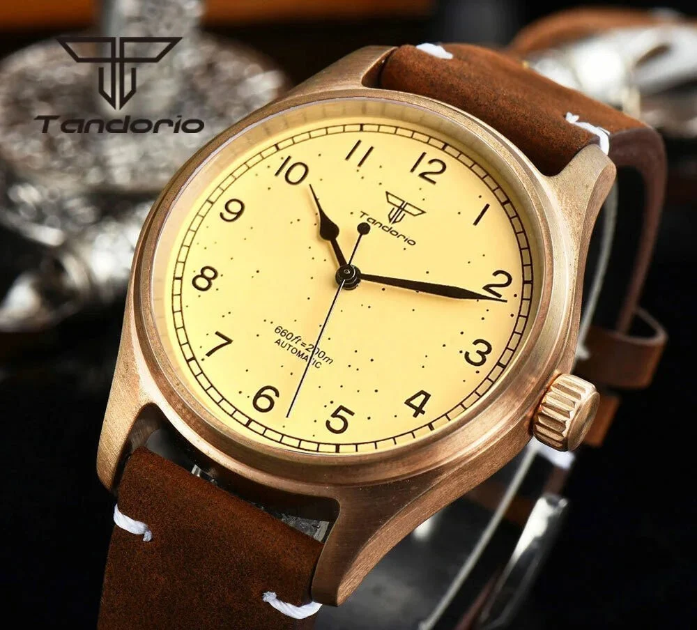 Tandorio Real Bronze/ Stainless steel 39mm 20bar Pilot Automatic NH35A PT5000 AR Sapphire TD118 14:350686#bromovement 39 mm kol saati