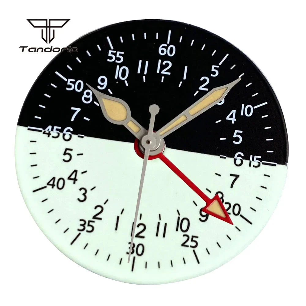 Tandorio Watches Watch Dial Black White Two Tone Face Hands Accessories NH34 Mechanical GMT Watches Mod Parts Arabic Numerals Green Lume 14:173#hands 29 mm kol saati