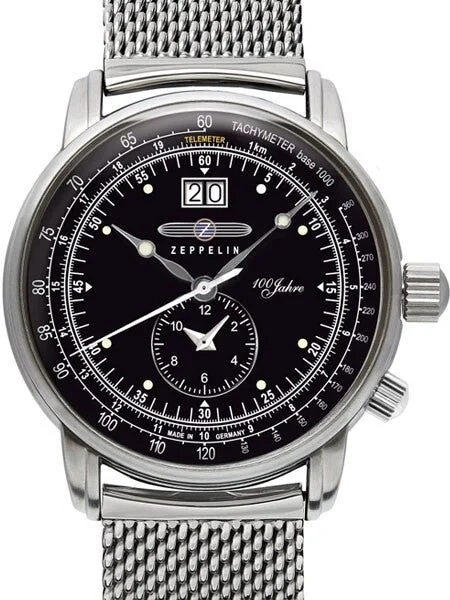 Graf Zeppelin German Made, Big Date, Dual Time Watch with Mesh Bracelet. #7640M-2 42 mm kol saati