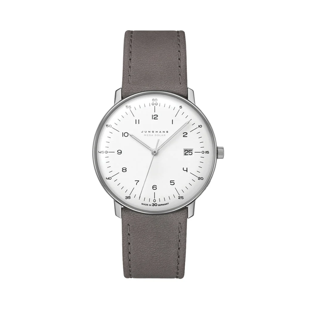 Junghans Max Bill MEGA Solar Titanium 38mm - White on Leather Strap 59/2021.02 38 mm kol saati