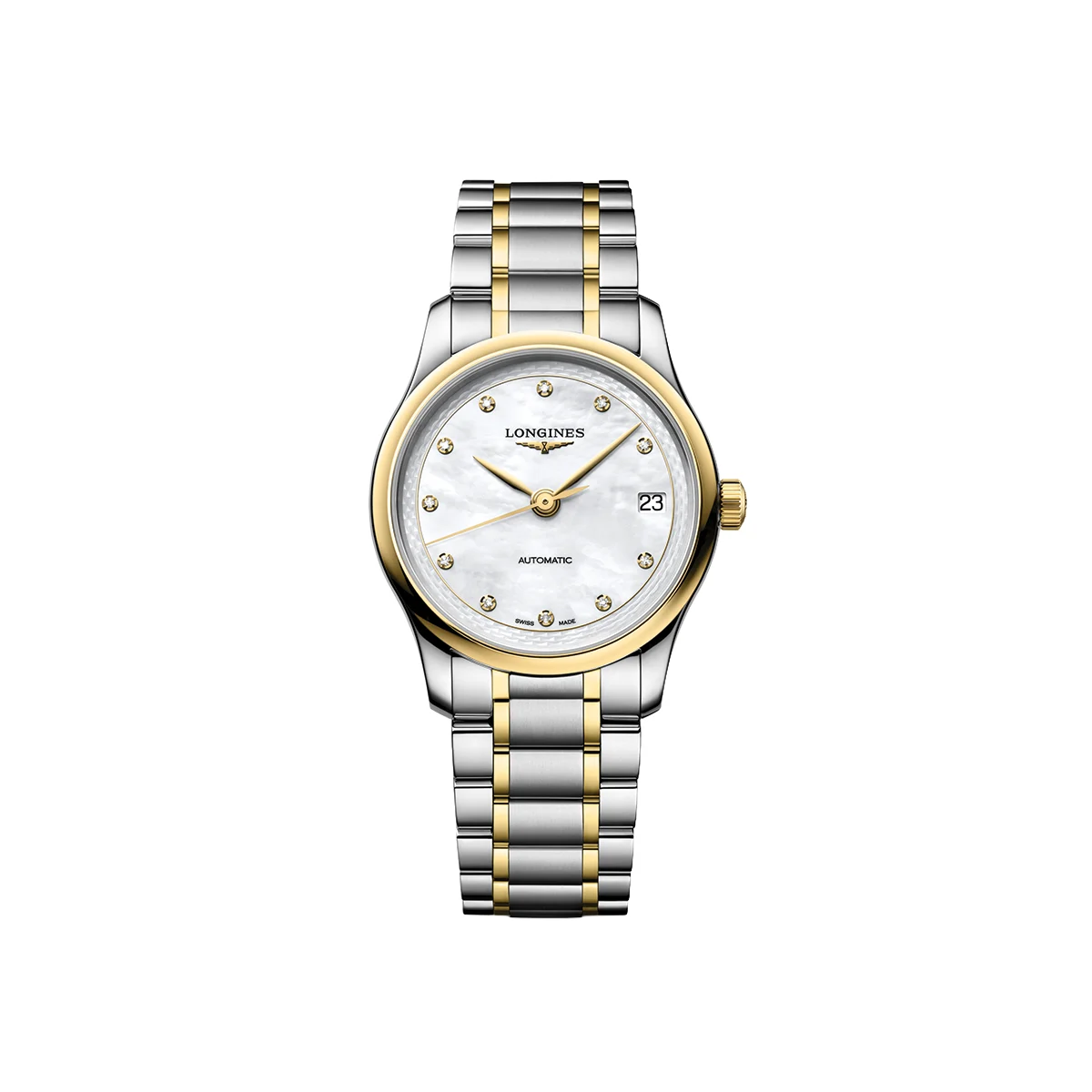 Longines Master 2N Yellow Gold Tow-Tone 34mm - White, Mother-of-Pearl, Diamond-Set on Bracelet L24505877 34 mm kol saati
