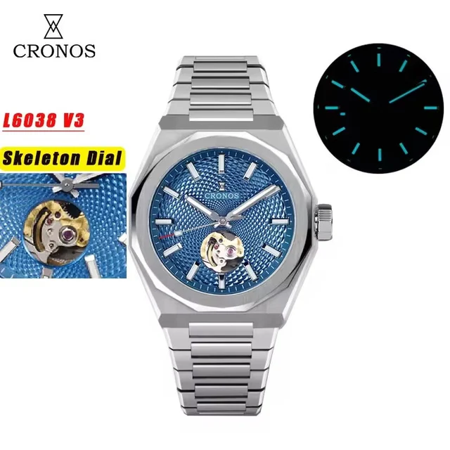 Cronos Watch Store Cronos New 39mm Skeleton Dial Miyota 90S5 See-through Caseback Men Auto