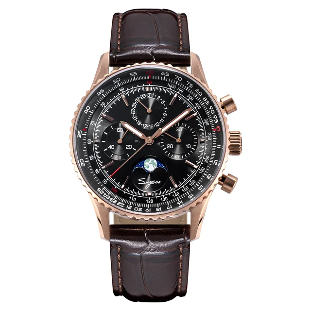 Sugess MoonPhase Chrono Master S468 Rose Gold Case Rose Black Dial kol saati