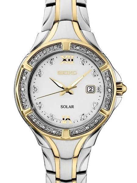 Seiko Solar Dress Watch with 28 Diamonds and Mother of Pearl Dial #SUT372 29 mm kol saati