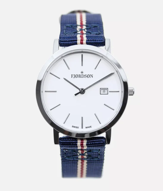 Fjordson White Dial With Striped Navy Blue Nato Strap - Women #9132 | White Dial With Stri