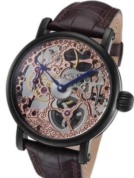 Rougois Rose Gold Plated Hand Wind Decorated Skeleton Movement Watch with Black IP Case #R