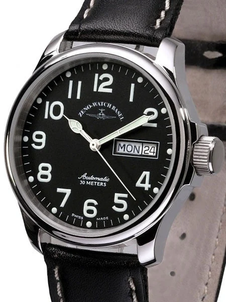 Zeno Day-Date Pilot Watch with Black Dial and Swiss Automatic Movement #12836DD-a1 37 mm kol saati