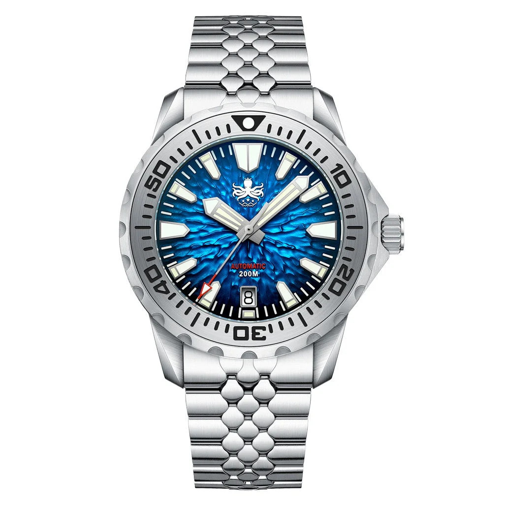 Phoibos KRAKEN 200M Automatic Dive Watch with Reef Blue Dial #PY059B 47.5 mm kol saati