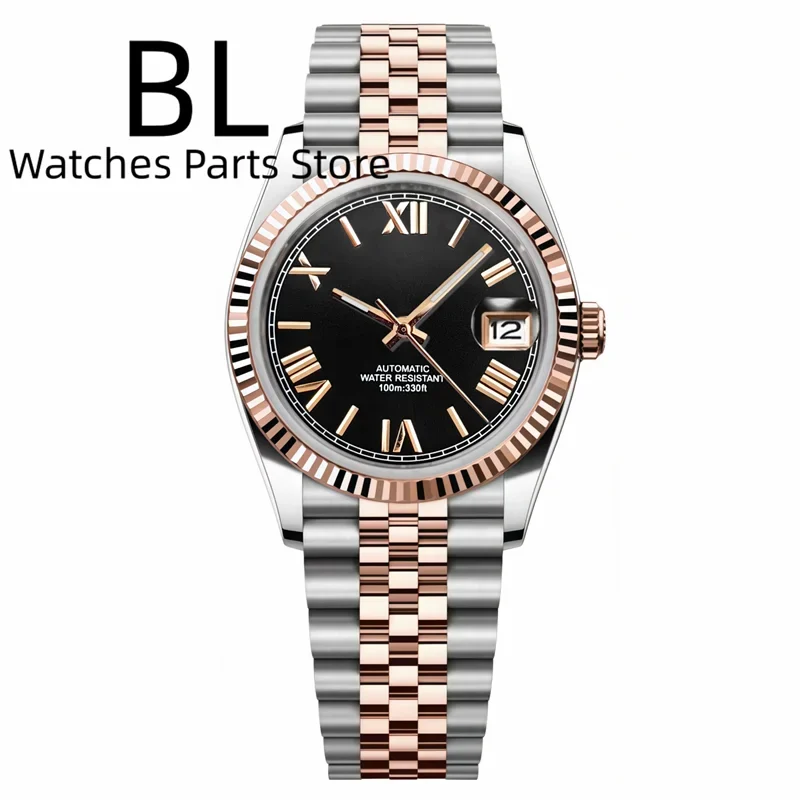 Tandorio Two-tone Rose Gold DateJust Fluted Sapphire Roman Index Bubble 10Bar 1005010060068193-7-36mm NH35 GLASS BACK 39 mm kol saati