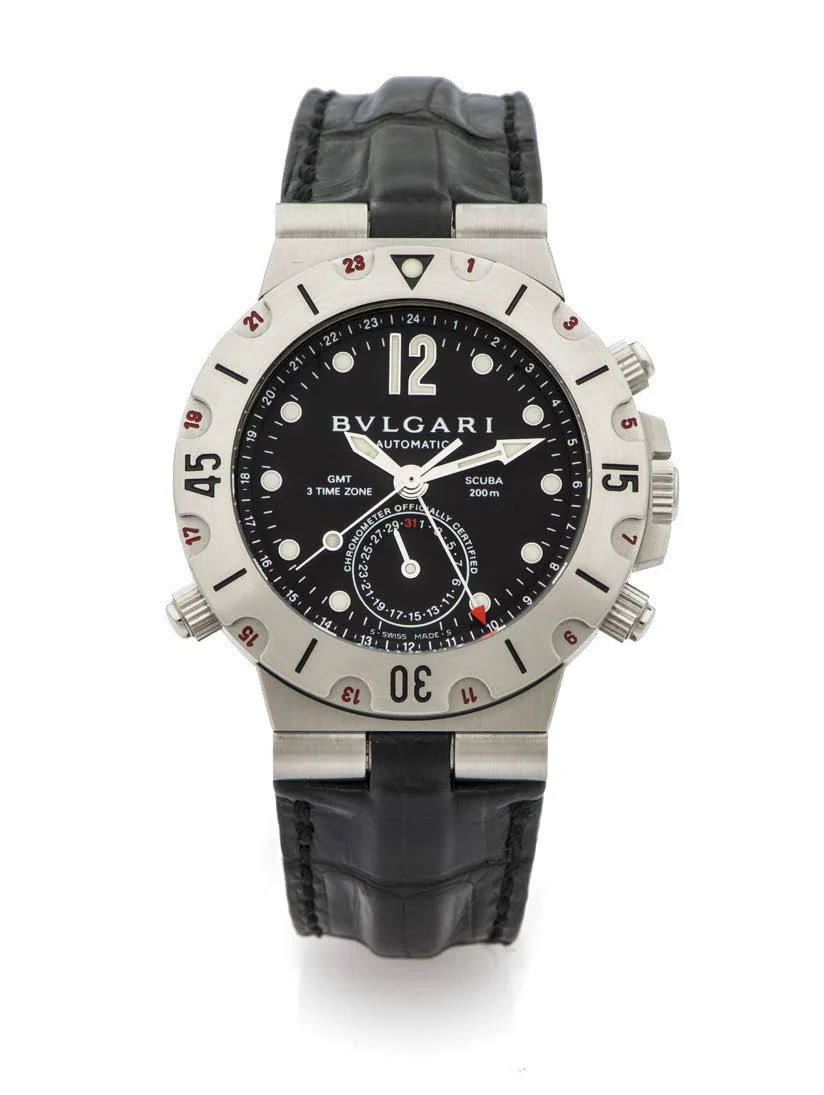 Bvlgari Scuba BVLGARI SCUBA REF. SD38S THREE TIME ZONE STEEL A very fine self-winding stainless steel diver's wristwatch with date and three time zones. kol saati