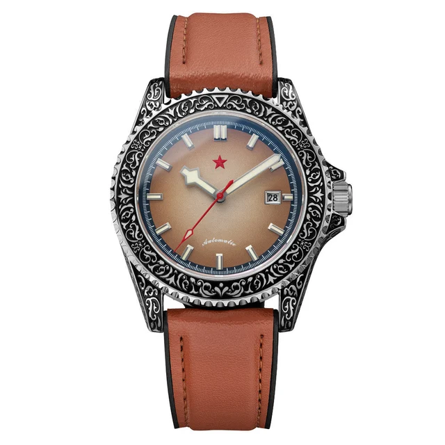 Red Star Artisan Engraved Case Automatic Diver #8912G-B kol saati