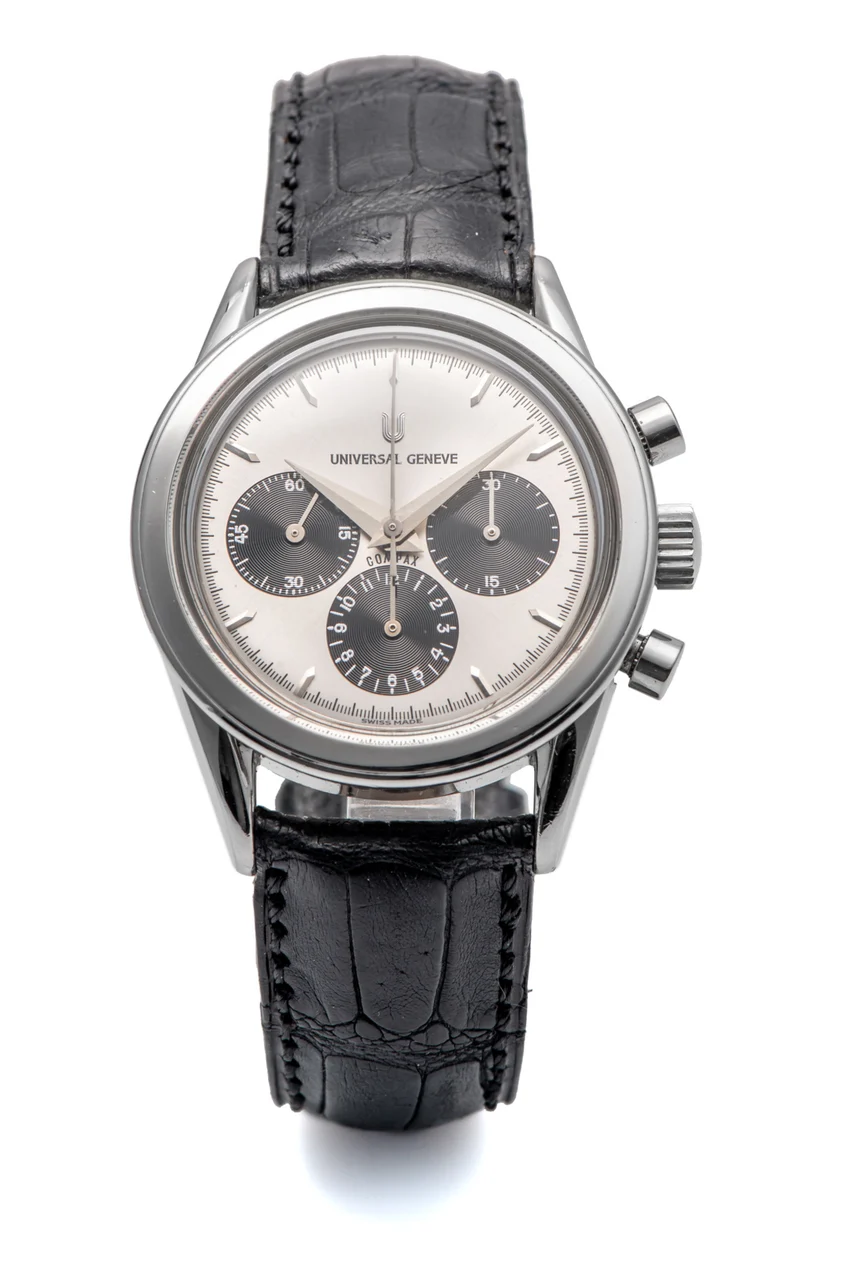 Universal Ref. 884.475, chronograph, minute and hour counters; “Compax”; stainless steel kol saati