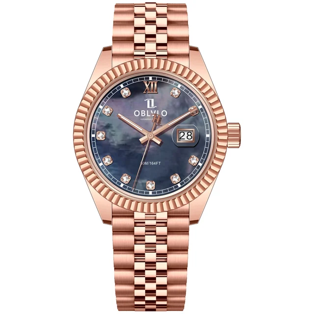 OBLVLO Gold Steel Strap ,Black Dial RX-PE-PBPS RX Series,39mm,Rose Gold Steel Strap ,Black