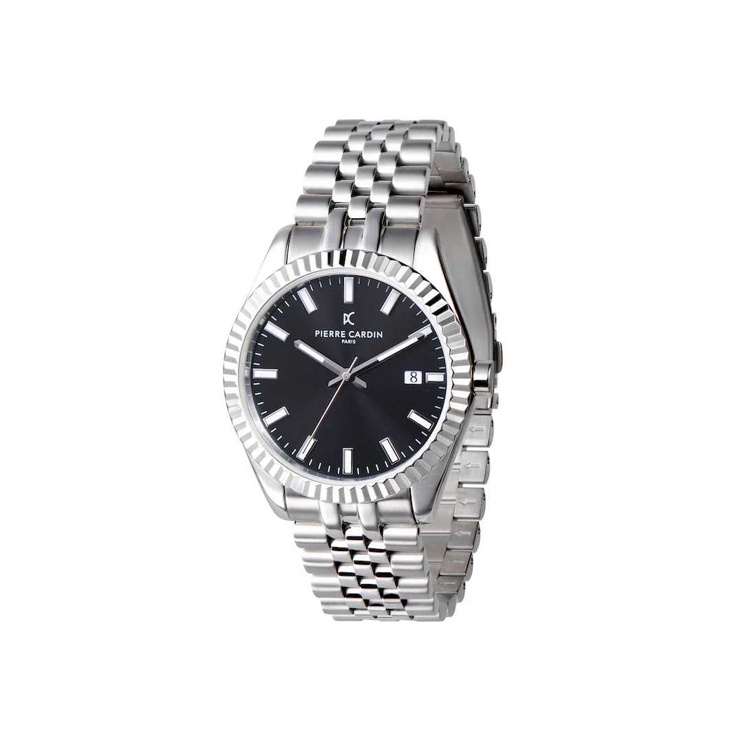 OPERA MENS Opera Stainless Steel Date Watch with Fluted Bezel and Black Dial COP.0001 40 mm kol saati