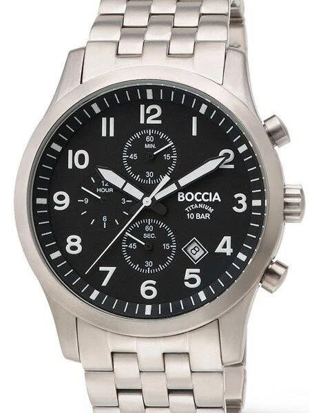 Boccia Quartz Chronograph Watch with 12-Hour Totalizer and 41.5mm Titanium Case #3755-02 41.5 mm kol saati