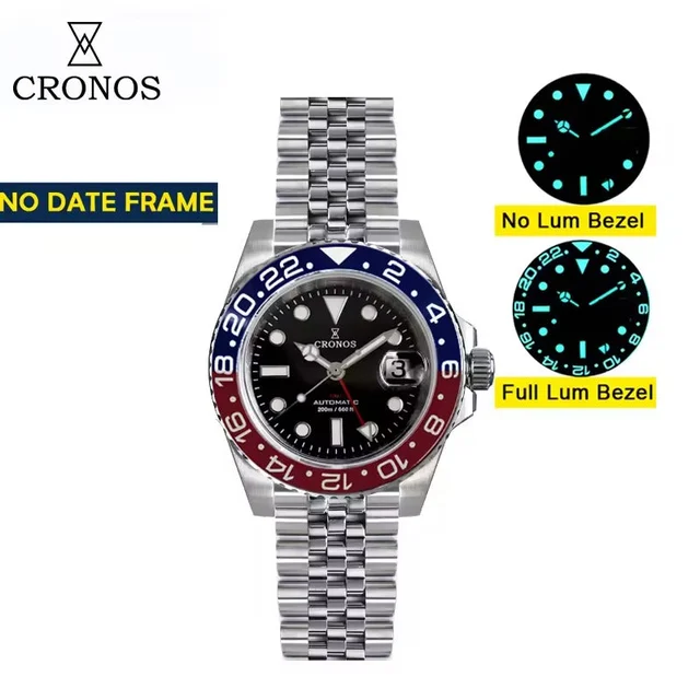 Cronos Watch Store Cronos NH34 GMT Automatic Men Watch L6020M 克诺时-L6020M-黑面-深色红蓝圈-普光-五铢钢带