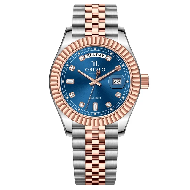 OBLVLO Gold Steel Strap ,Blue Dial RX-VJ-TL RX Series,39mm,Two-tone Gold Steel Strap ,Blue