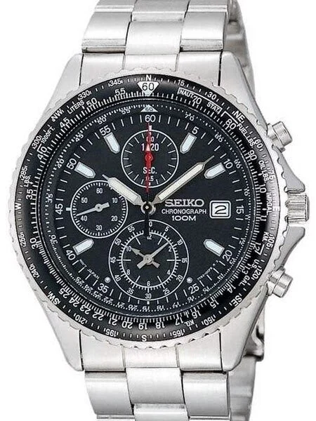 Seiko Flightmaster Quartz Chronograph with Rotating Slide Rule Bezel, 12 Hour Totalizer #SND253 41 mm kol saati