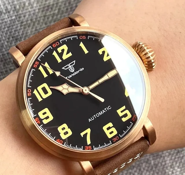 Tandorio pilot Watch CUSN8 Solid Bronze or 316L Steel 10ATM Sapphire TD125 14:94#yellow ma