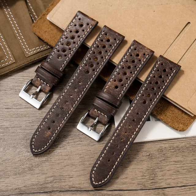 Watchdives Handmade Genuine Cowhide Leather Strap 20mm 棕色拉力风格做旧皮带-带圆孔 20mm 28.5 kol saati