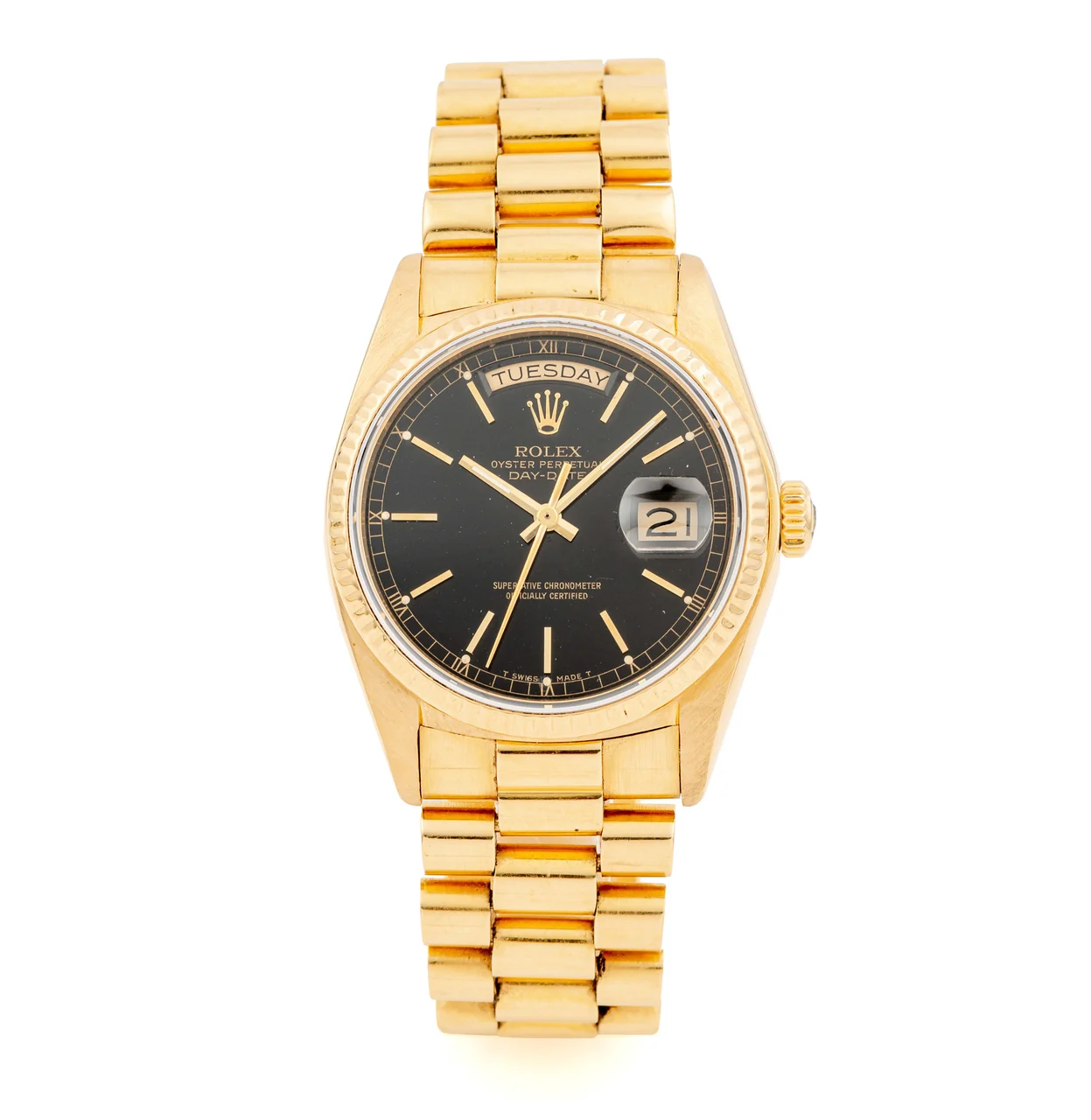 Rolex ROLEX REF. 18078, DAY-DATE “CORTECCIA” FINISH, WITH WOOD DIAL AND PRESIDENT BRACELET, YELLOW GOLD 18KT, UNTOUCHED 36 mm kol saati