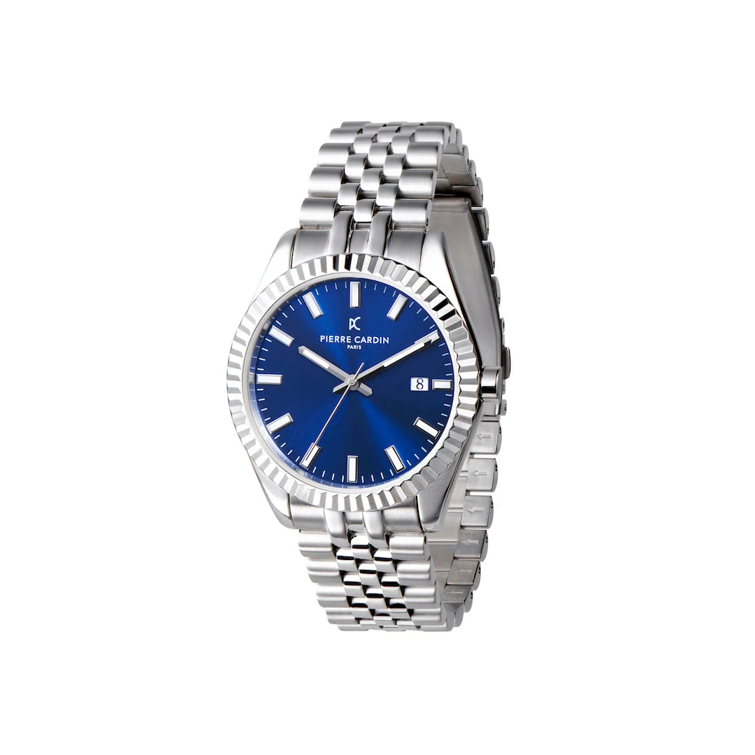 OPERA MENS Opera Stainless Steel Date Watch with Fluted Bezel and Blue Dial COP.0000 40 mm kol saati