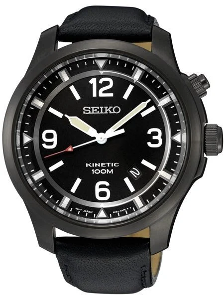 Seiko Kinetic Black Ion-Plated 43.5mm Field Watch with Power Reserve #SKA709 kol saati