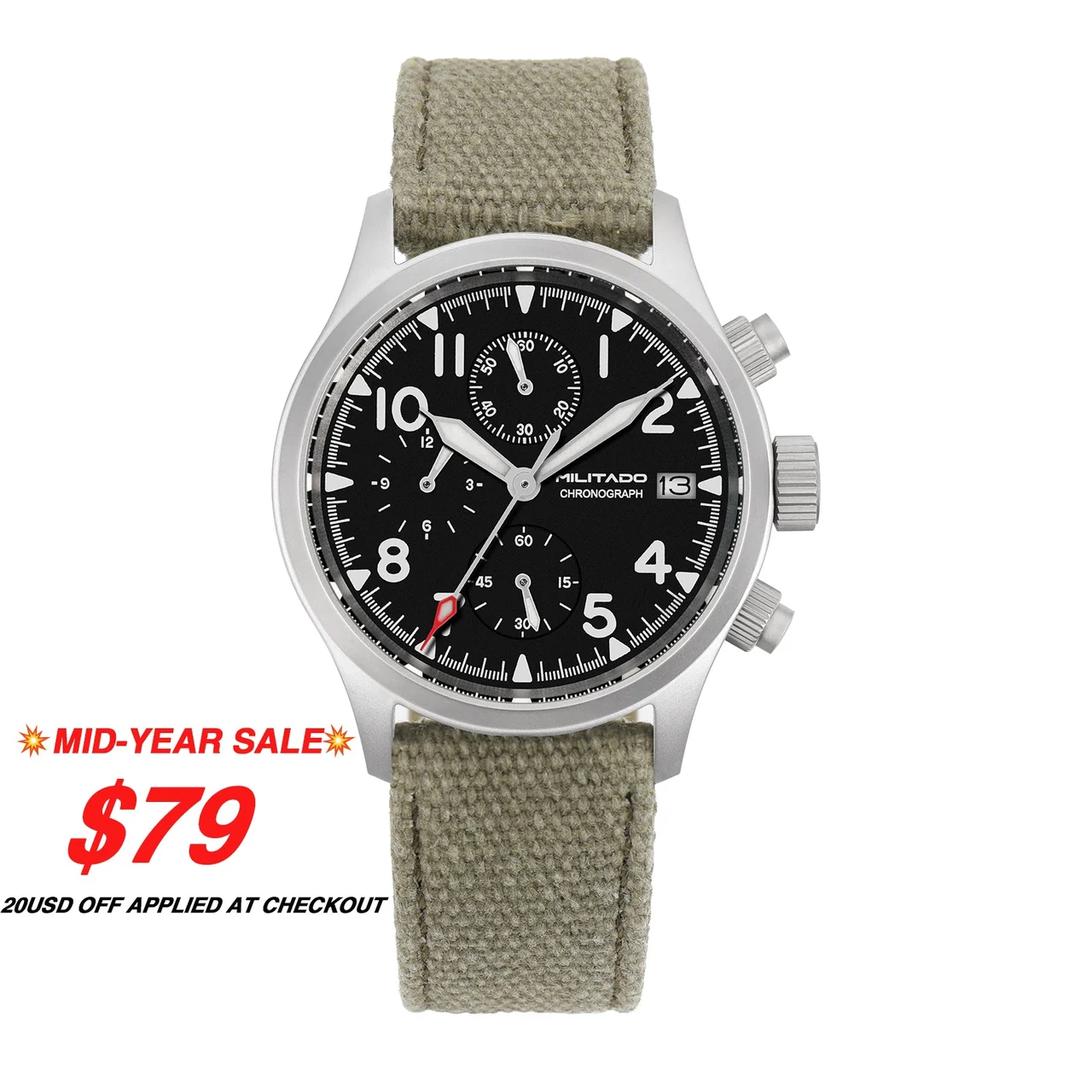 MILITADO MILITADO ML1868-3盘-白针-无日历-军绿帆布表带 39 mm kol saati