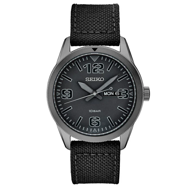 Seiko Quartz watch with a black pilot-style dial with a day and date window #SUR495 kol sa