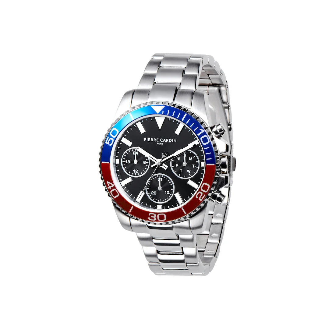 NATION Posh Multifunction watch with Black Dial and Blue Red bezel with a Metal Links Strap CNI.0010 40 mm kol saati