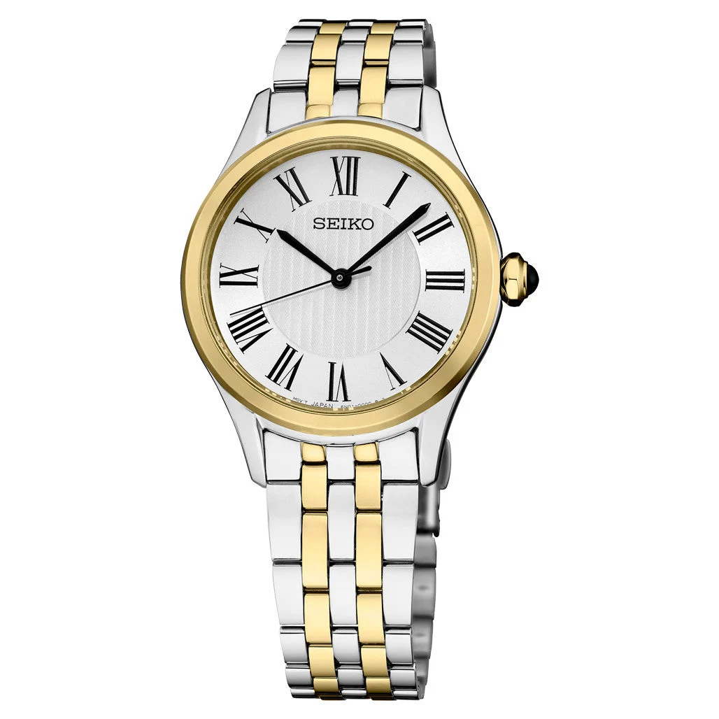 Seiko Essentials 's Roman Numeral Two-Tone Watch with Silver-White Dial #SUR612 kol saati