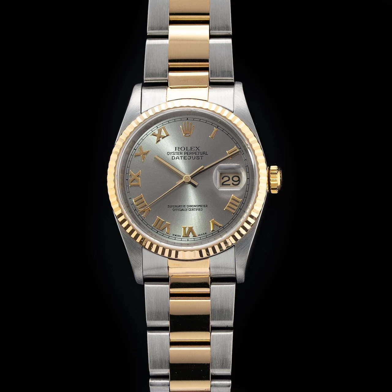 Rolex Datejust Stainless Steel & 18K Gold Slate Dial Roman 210009N33091 kol saati