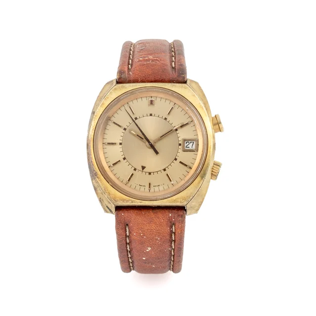 Lemania Ref. 9752, heavy, self-winding, centre-seconds, date, alarm, gilt dial; “Memomatic