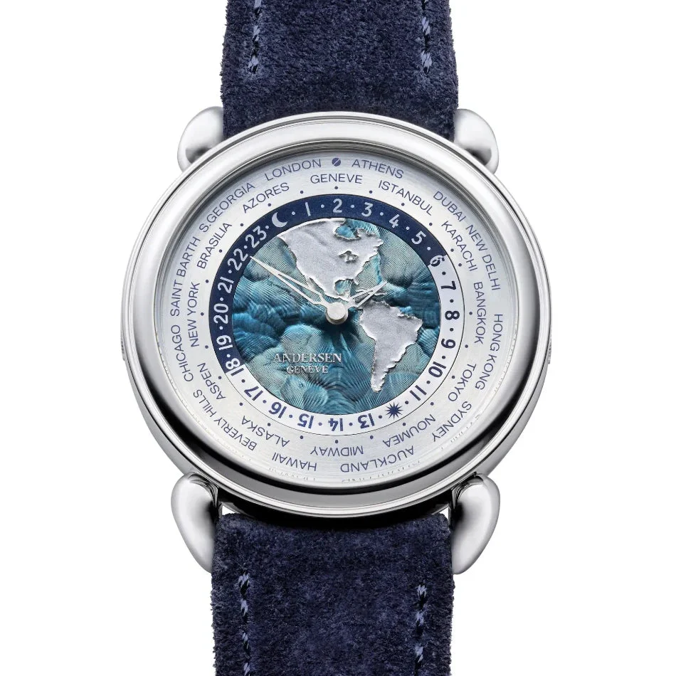 Andersen Genève Communication 45 Platinum Blue Worldtimer communication-45-platinum 38 mm kol saati