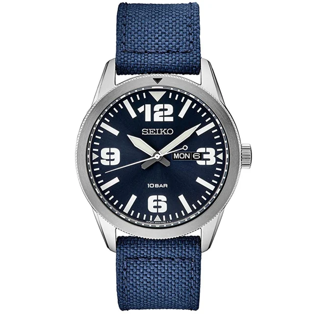 Seiko Quartz watch with an easy-to-read blue dial with a day and date window #SUR491 kol s